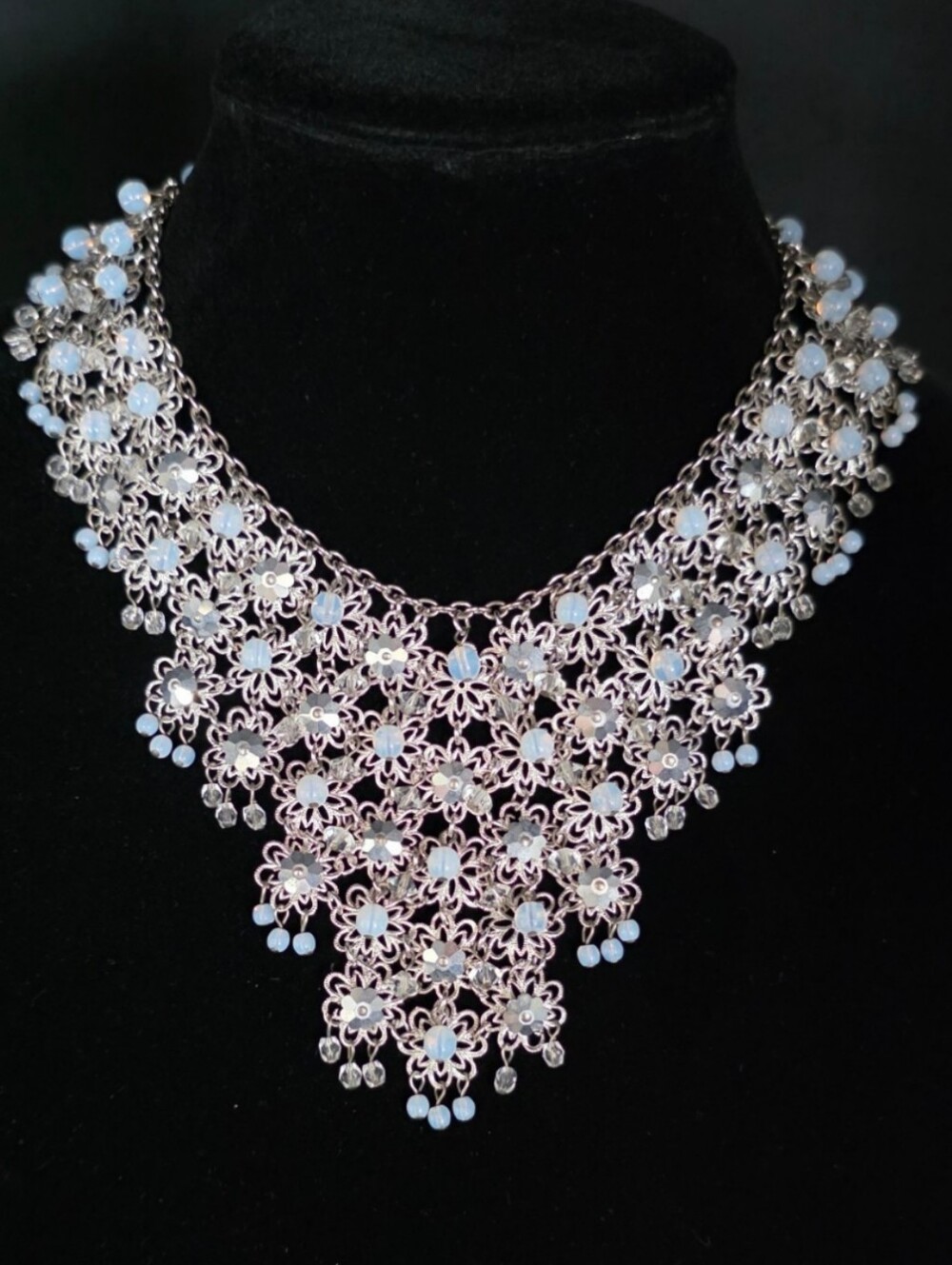 Vintage 1950s 1960s Floral Bib Necklace Opaline Glass Crystal Statement Collar